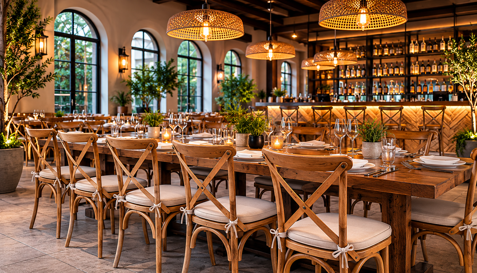Elegant restaurant interior with wooden tables and chairs, green plants, large arched windows, warm lighting, and a fully stocked bar in the background.
