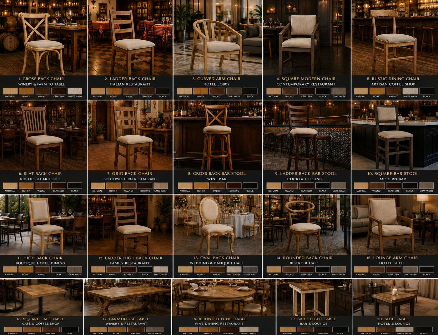 A collection of wooden chairs and tables in various restaurant and bar settings, each with different styles and finishes, labeled with their names and typical usage.