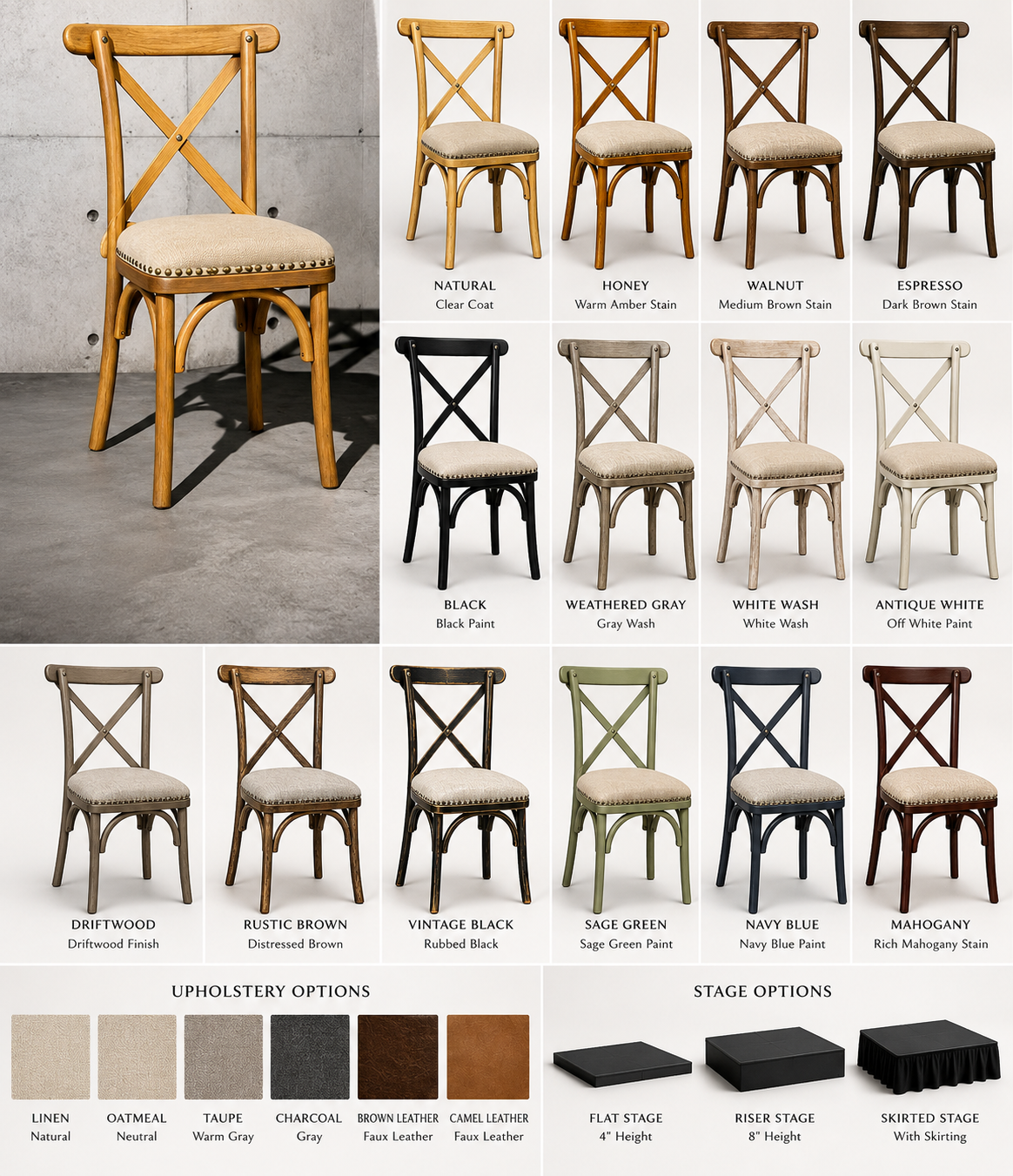 A chart displaying various wood finish options for chairs, including natural, honey, walnut, espresso, black, weathered gray, white wash, antique white, driftwood, rustic brown, vintage black, sage green, navy blue, and mahogany. It also shows upholstery options like linen, oatmeal, taupe, charcoal, brown leather, and camel leather. There are stage options including flat, riser, and skirting stage.