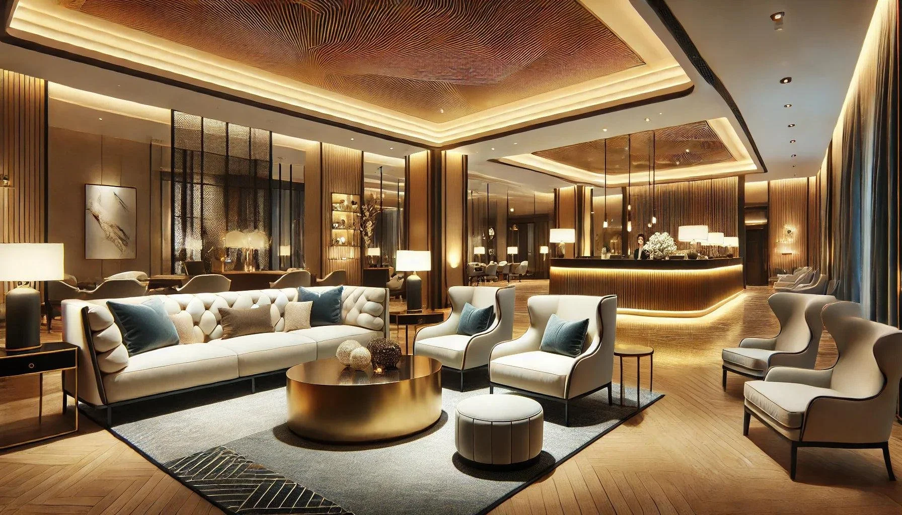 Luxurious hotel lobby with modern decor, white sofas with blue and beige pillows, wooden flooring, warm lighting, a curved reception desk with a staff member, and elegant wall art.