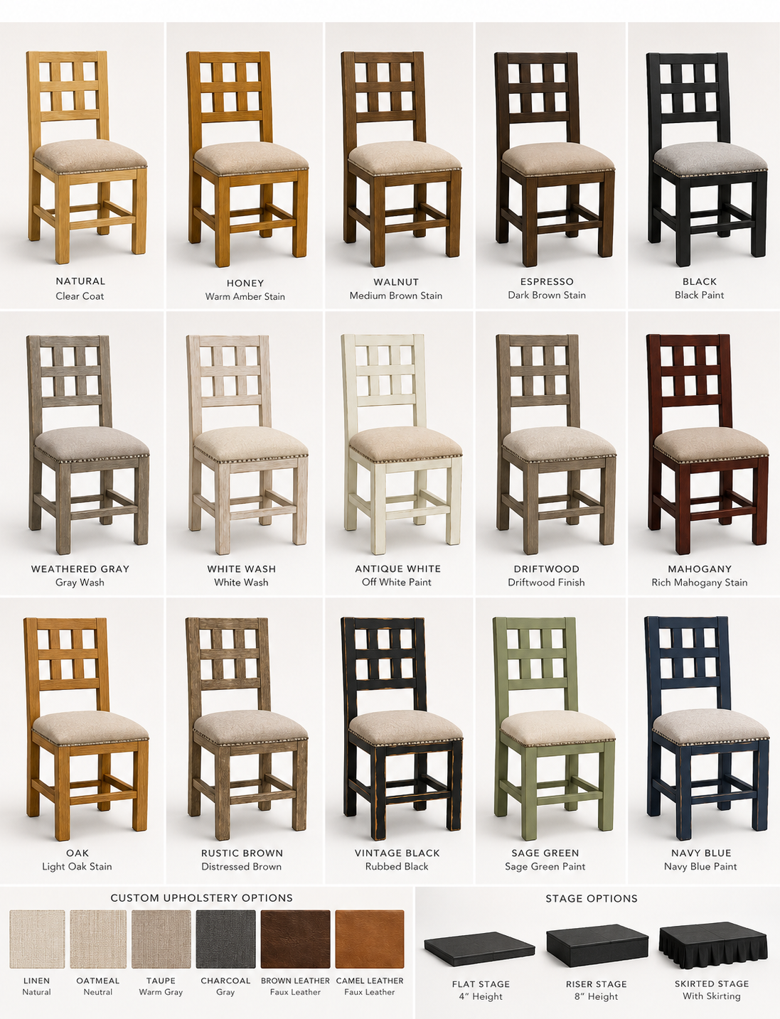 Display of twelve wooden chairs in various colors and finishes, including natural, honey, walnut, espresso, black, weathered gray, white wash, antique white, driftwood, mahogany, oak, rustic brown, vintage black, sage green, and navy blue, with optional upholstery and stage options.