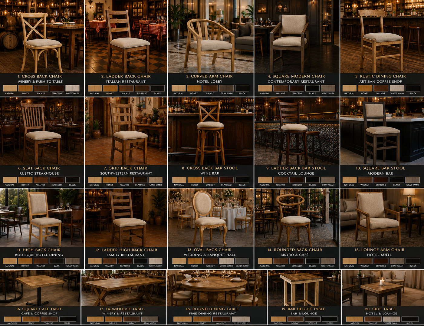Collage of 20 different types of chairs and tables in various restaurant and bar settings, each with labels indicating style and color options.