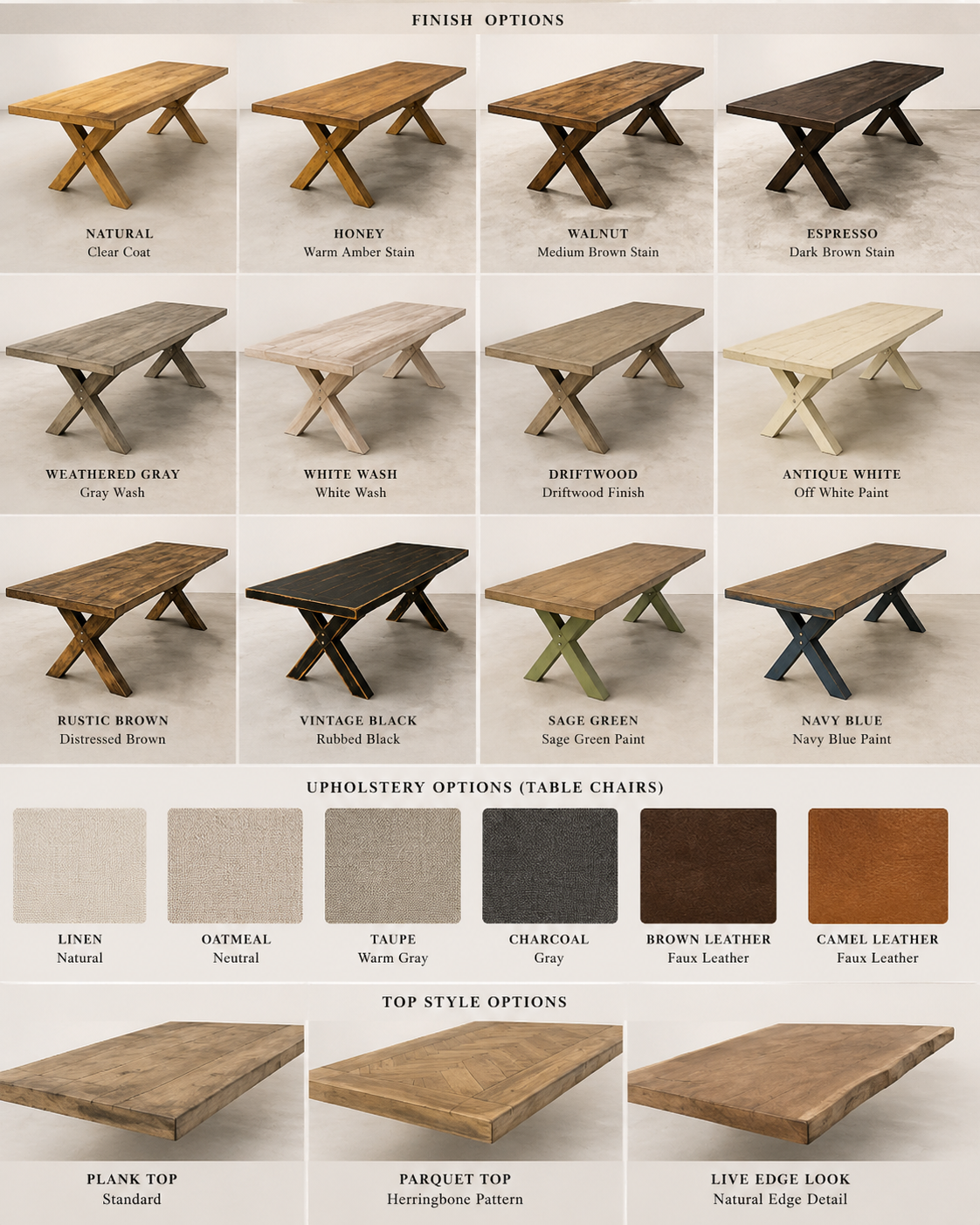 Selection of table finish options including natural, honey, walnut, espresso, weathered gray, white wash, driftwood, antique white, rustic brown, vintage black, sage green, and navy blue. Upholstery options for table chairs include linen, oatmeal, taupe, charcoal, brown leather, and camel leather. Top style options for tables include plank top, parquet top with herringbone pattern, and live edge look.