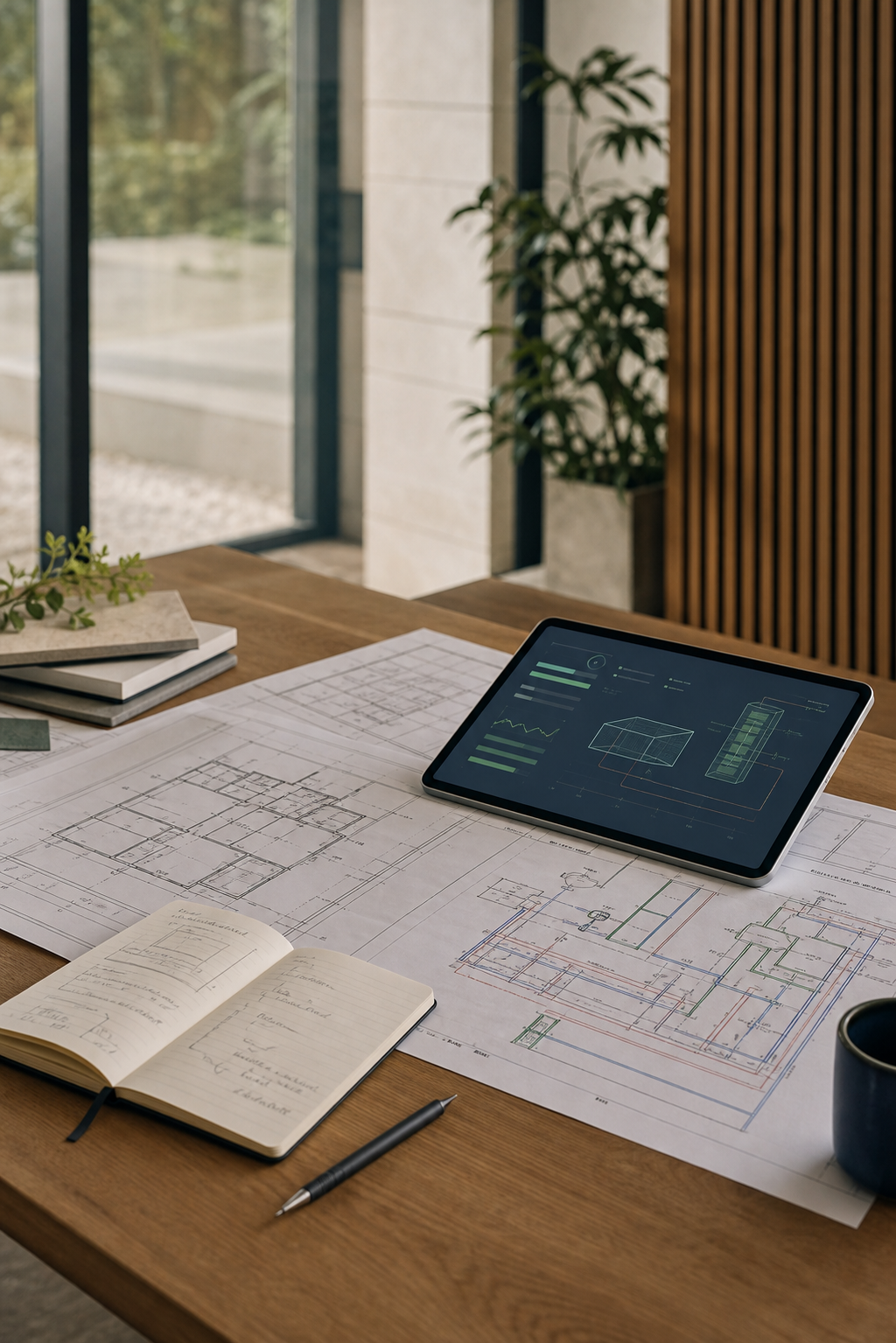 Architectural plans, handwritten notes and a tablet on a desk in a modern office.