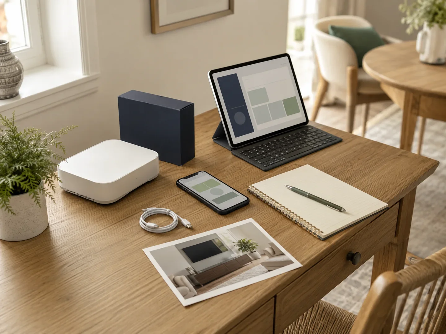 Connected devices arranged on a home office desk