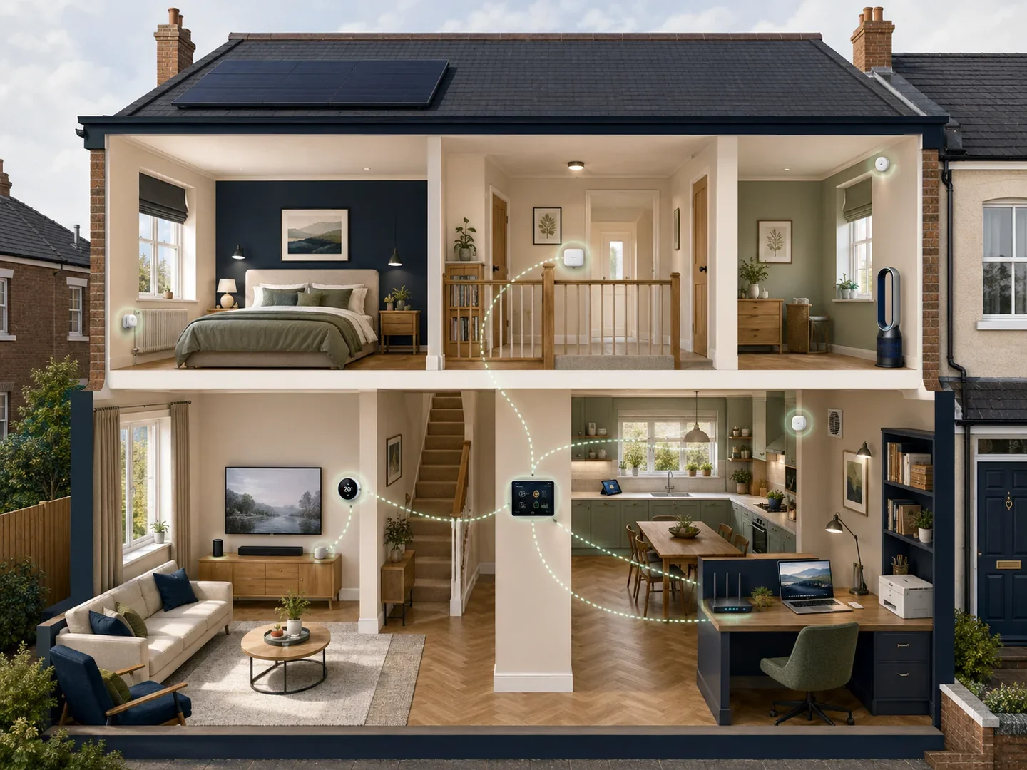 A cutaway British home showing connected devices, comfort controls, energy monitoring and home technology.