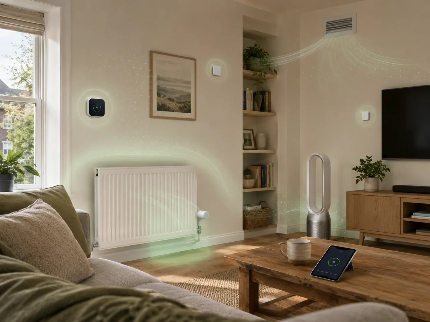 Connected home technology and comfort controls in a living room