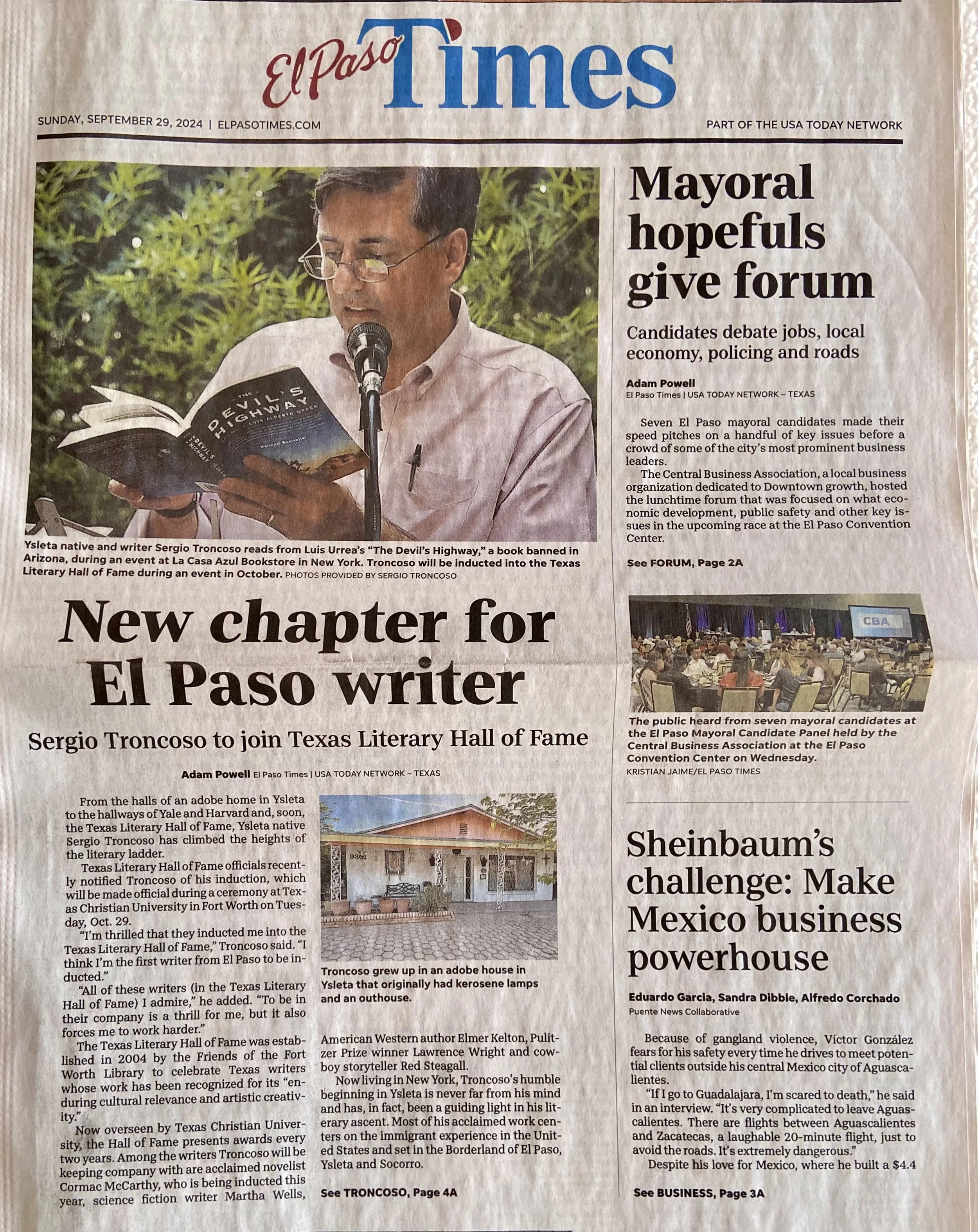 Sergio Troncoso on Front Page of El Paso Times for his induction into Texas Literary Hall of Fame, September 29, 2024.