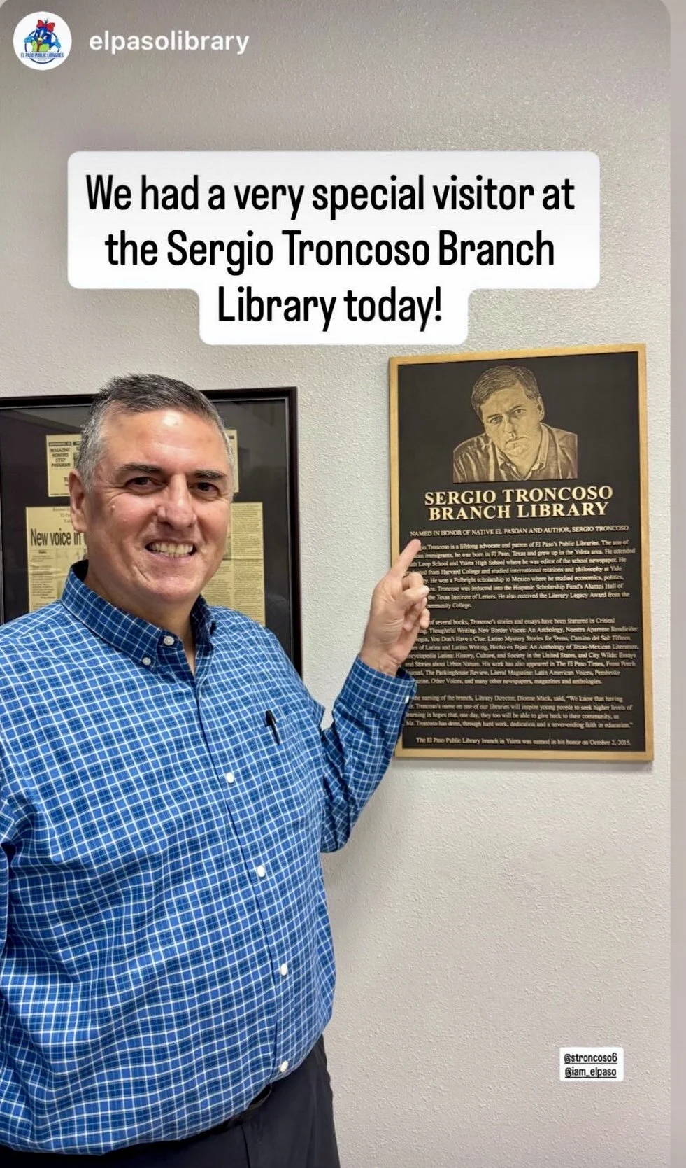 Sergio Troncoso at Troncoso Branch Library in El Paso, Texas to award Troncoso Reading Prizes in December 2025.