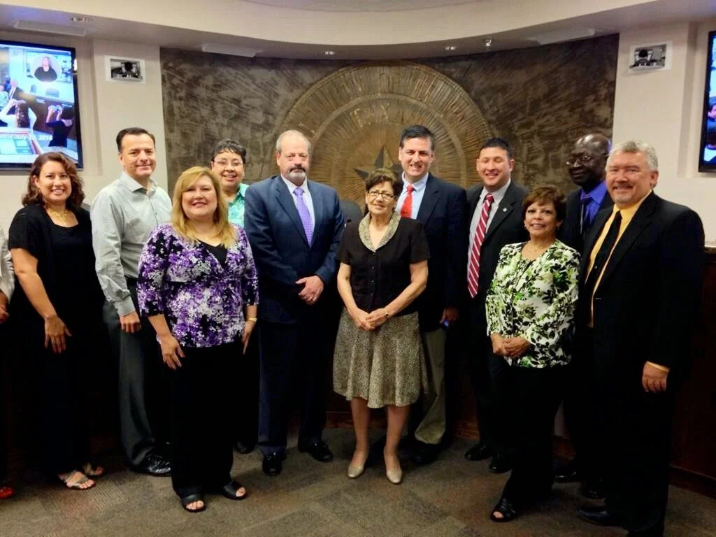 Sergio Troncoso and El Paso City Council after unanimous vote to rename Ysleta public library as Sergio Troncoso Branch Library, 2014.