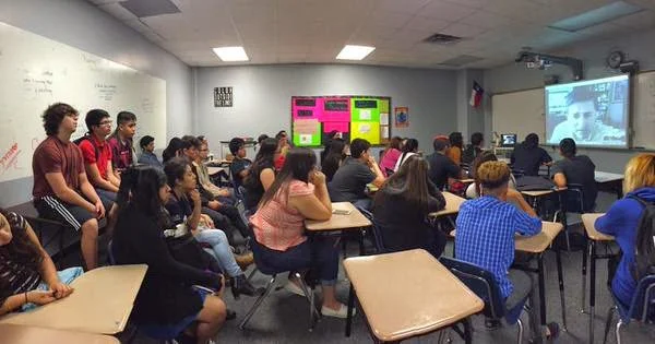Sergio Troncoso on a video call with students at Northbrook High School, Houston, TX, 2015.