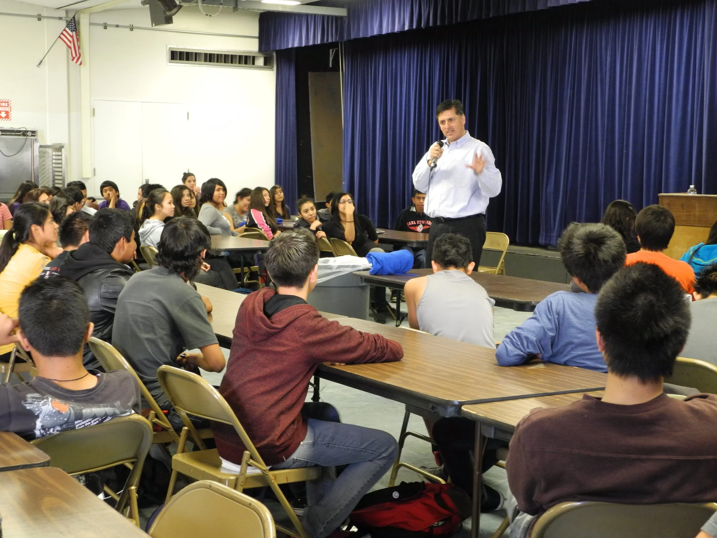Sergio Troncoso talking to students at Santiago High School, Garden Grove, CA, 2011.