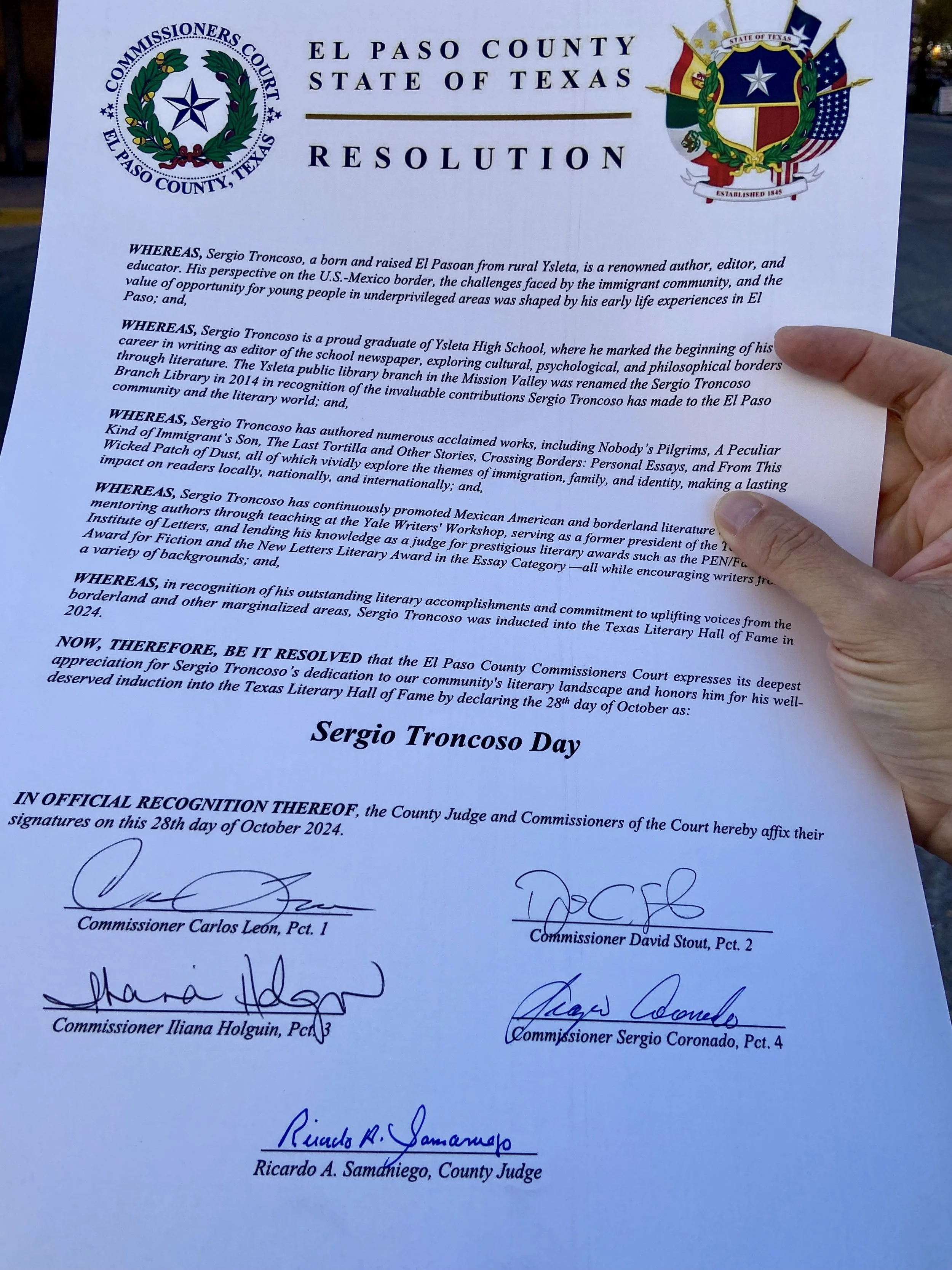 El Paso County Commissioners declaring Sergio Troncoso Day in El Paso County on October 28, 2024.
