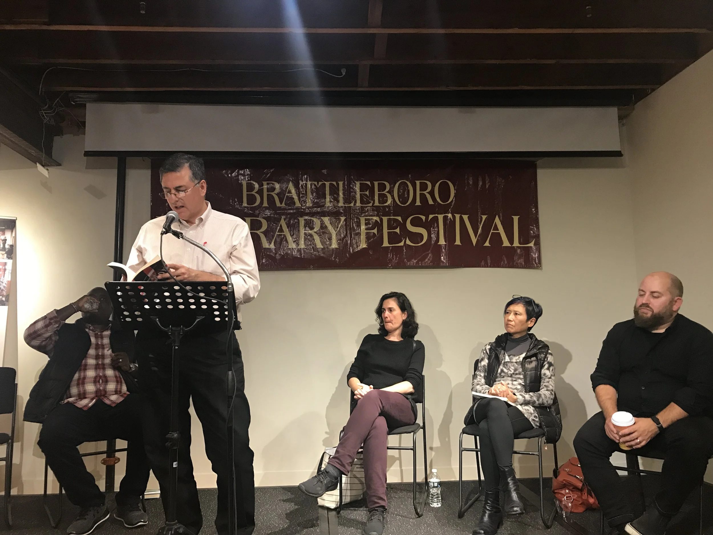 Sergio Troncoso with E.C. Osondu, Kamila Shamsie, Xu Xi, Jess Row, Brattleboro, VT, 2019.
