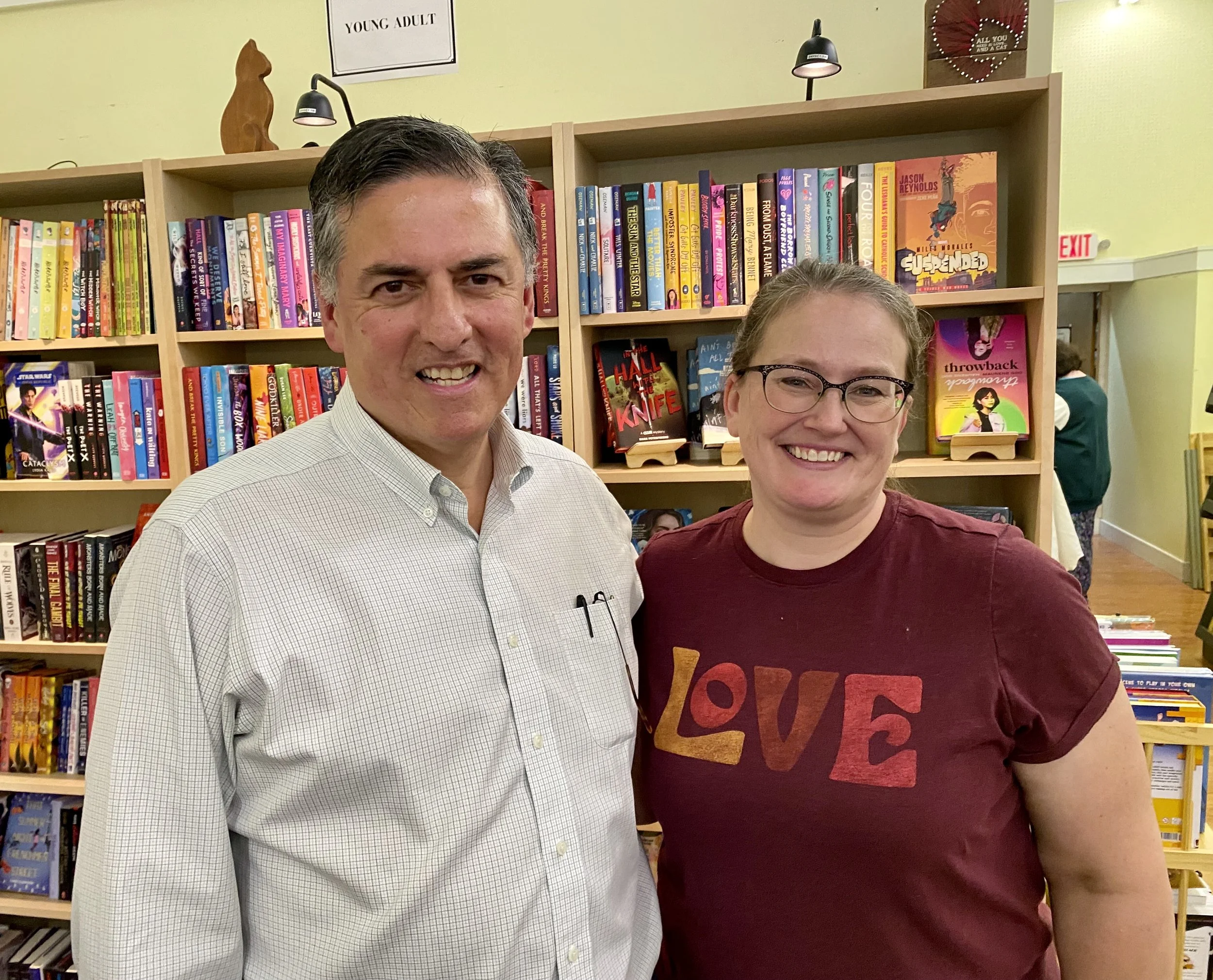 Sergio Troncoso with Stacy Whitman, owner of Curious Cat Book Shop, 2023.