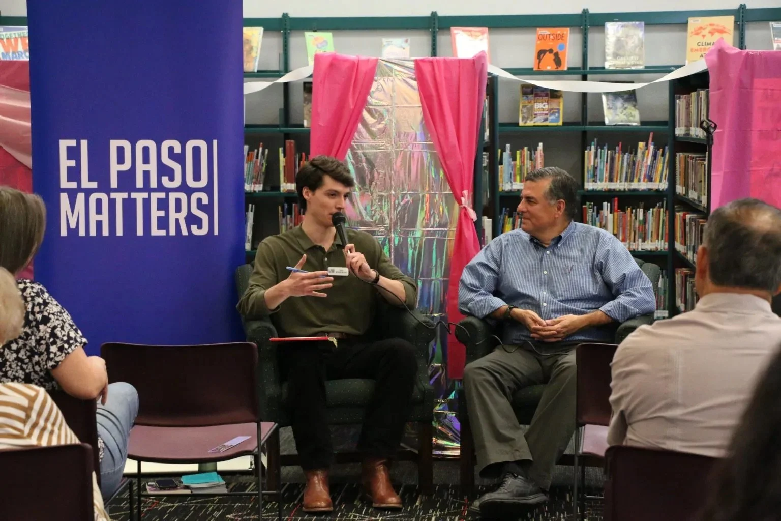 Diego Mendoza-Moyers of El Paso Matters talking with Sergio Troncoso, 2023.