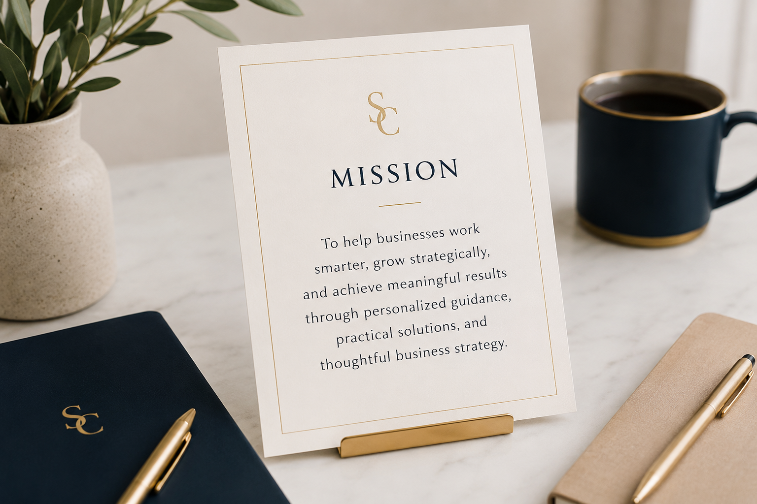 A printed mission statement on a desk with a white marble surface, accompanied by a blue notebook with gold initials, a gold pen, a beige notebook with a gold pen, a black coffee mug with gold trim, and a potted plant.