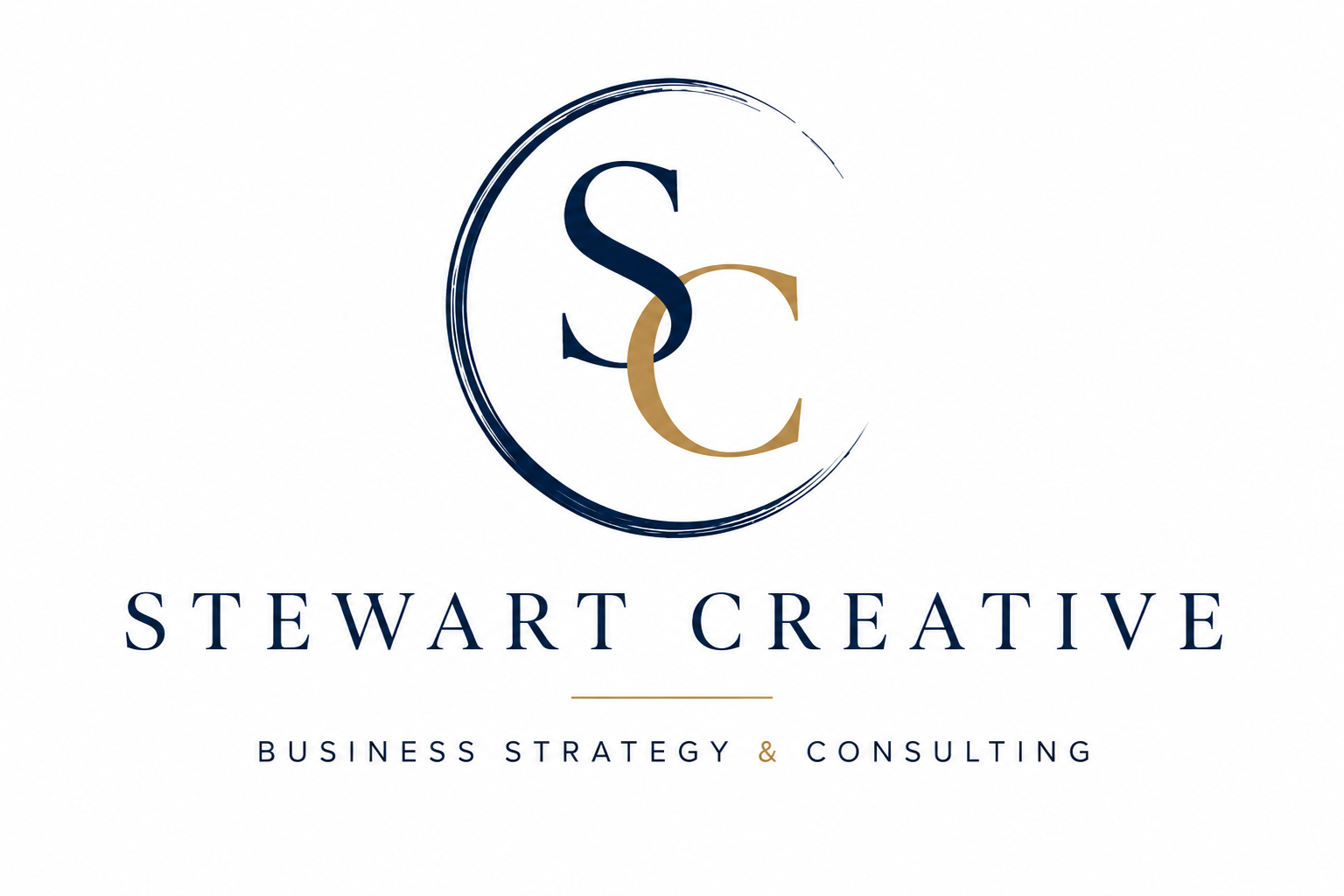 Logo for Stewart Creative, featuring the letters S and C within a circular brushstroke, with the words "Stewart Creative" and the tagline "Business Strategy & Consulting" below.