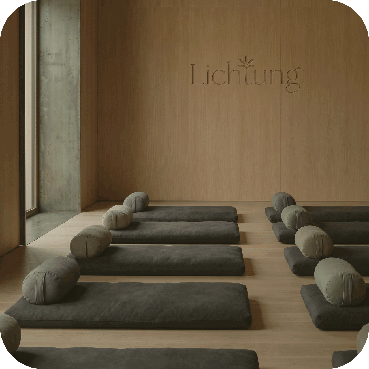 Meditationsraum mit Kissen und Matten, an der Holzwand das Logo von Lichtung