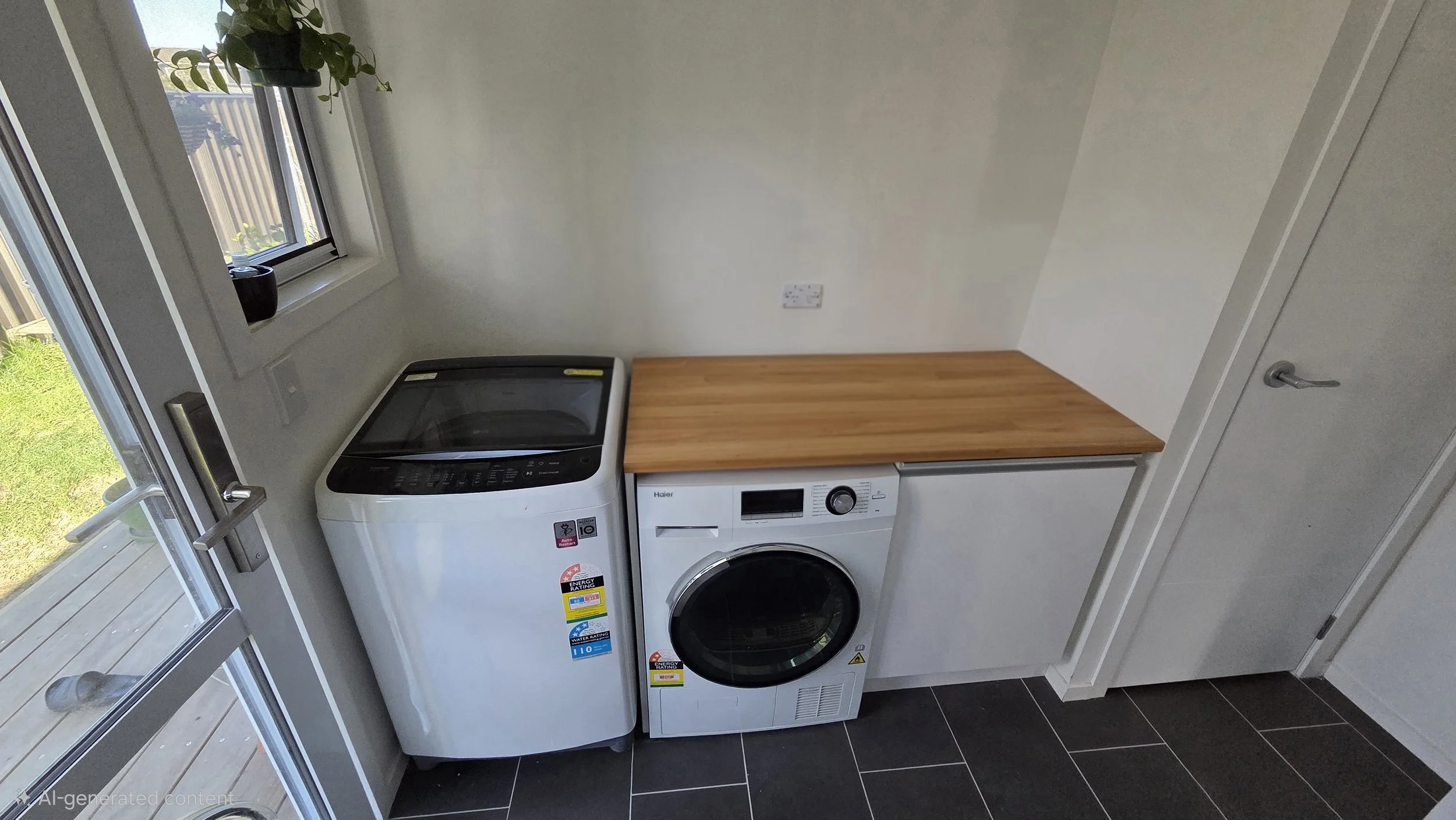 A laundry room with a window, a washing machine, and a dryer beneath a wooden countertop. There is a door on the right and sliding glass doors leading outside on the left. A potted plant on the window sill.