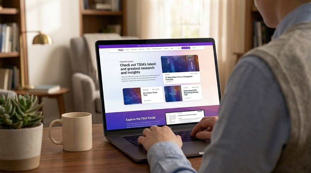 Person working on a laptop with a website about research and insights open, sitting at a wooden desk with a plant and mug, in a cozy room with bookshelves and a lamp.