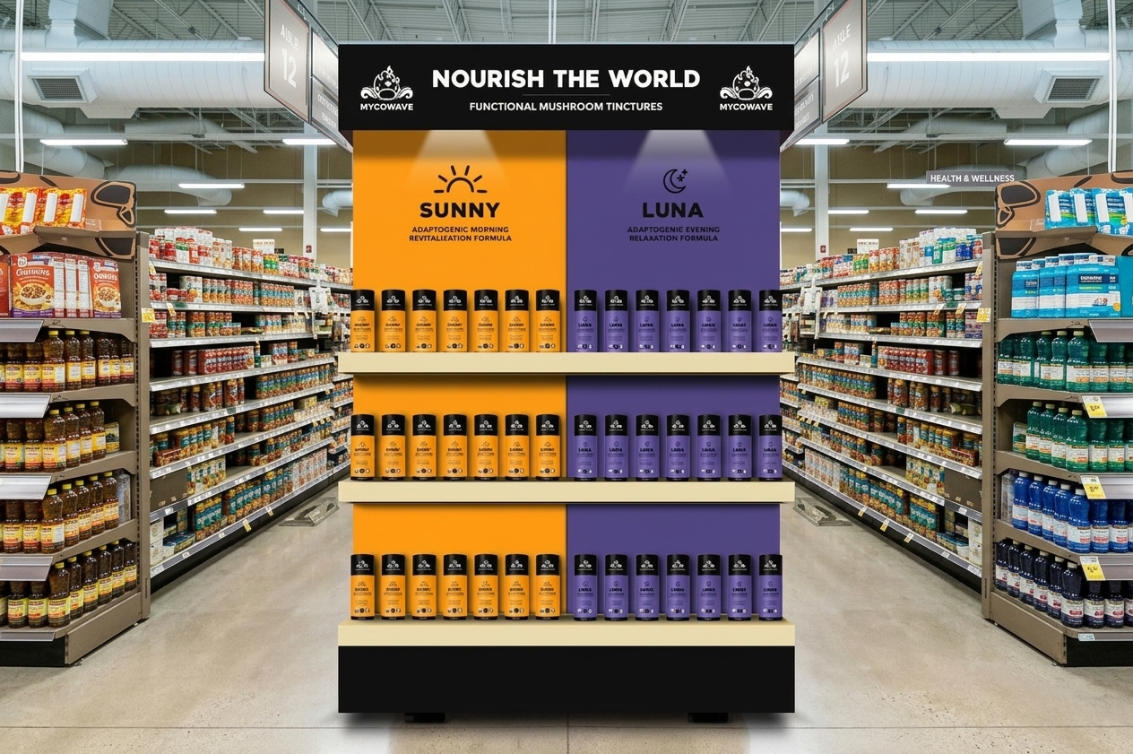 Display in a grocery store for mushroom tinctures, with Sunny adaptogenic morning formula in orange bottles on the left and Luna adaptogenic evening relaxation formula in purple bottles on the right.