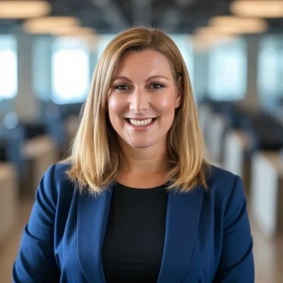 A woman with shoulder-length blonde hair smiling, wearing a dark top and a blue blazer, in a modern office setting.
