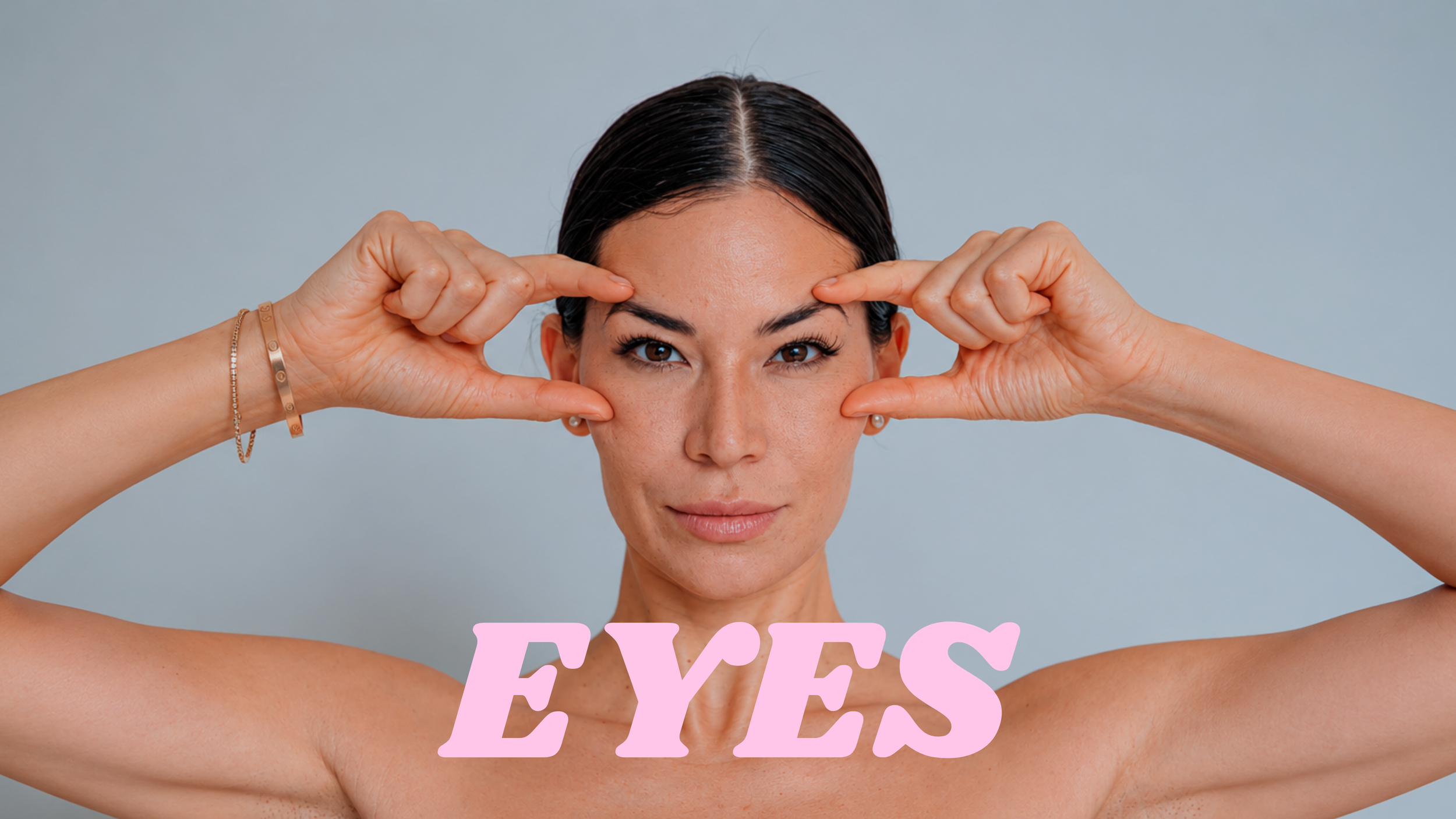 A woman with dark wet hair holding her fingers to her temples, with the phrase "EYES" written in pink text at the bottom.