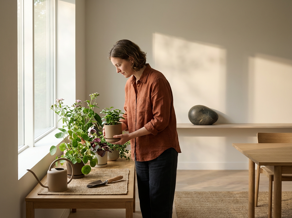 A woman watering potted plants by a sunlit window in a minimalist room with wooden furniture.