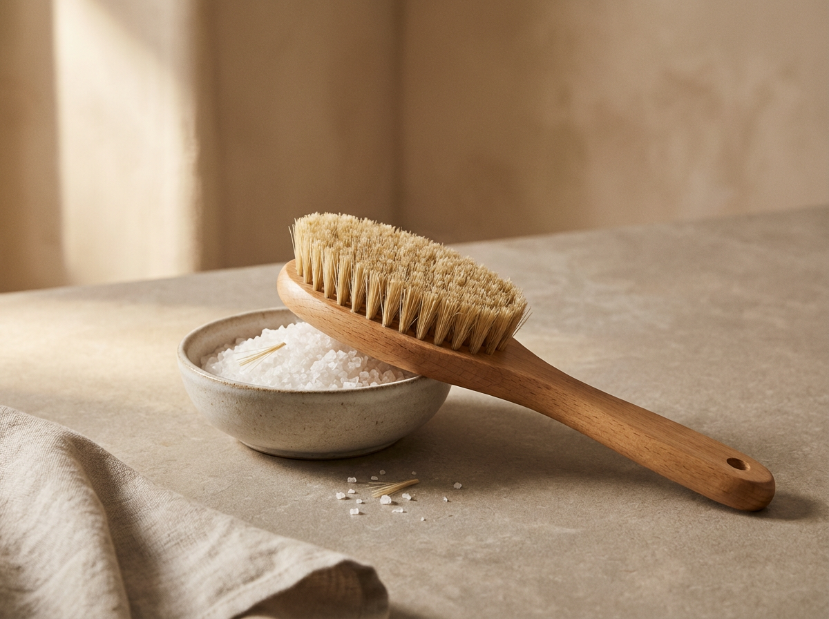 A wooden scrub brush resting on a bowl of coarse salt with some salt spilled on a beige surface.