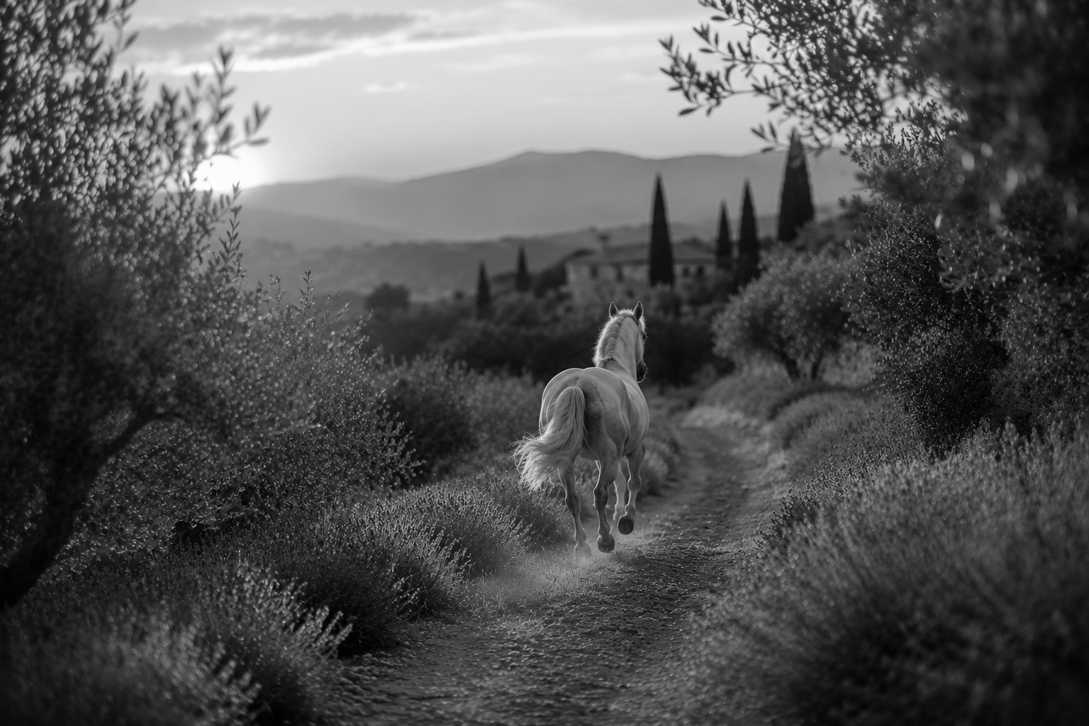 Un cheval blanc court sur un chemin en pleine nature, entouré d'arbustes et de végétation, avec des collines en arrière-plan, en noir et blanc.