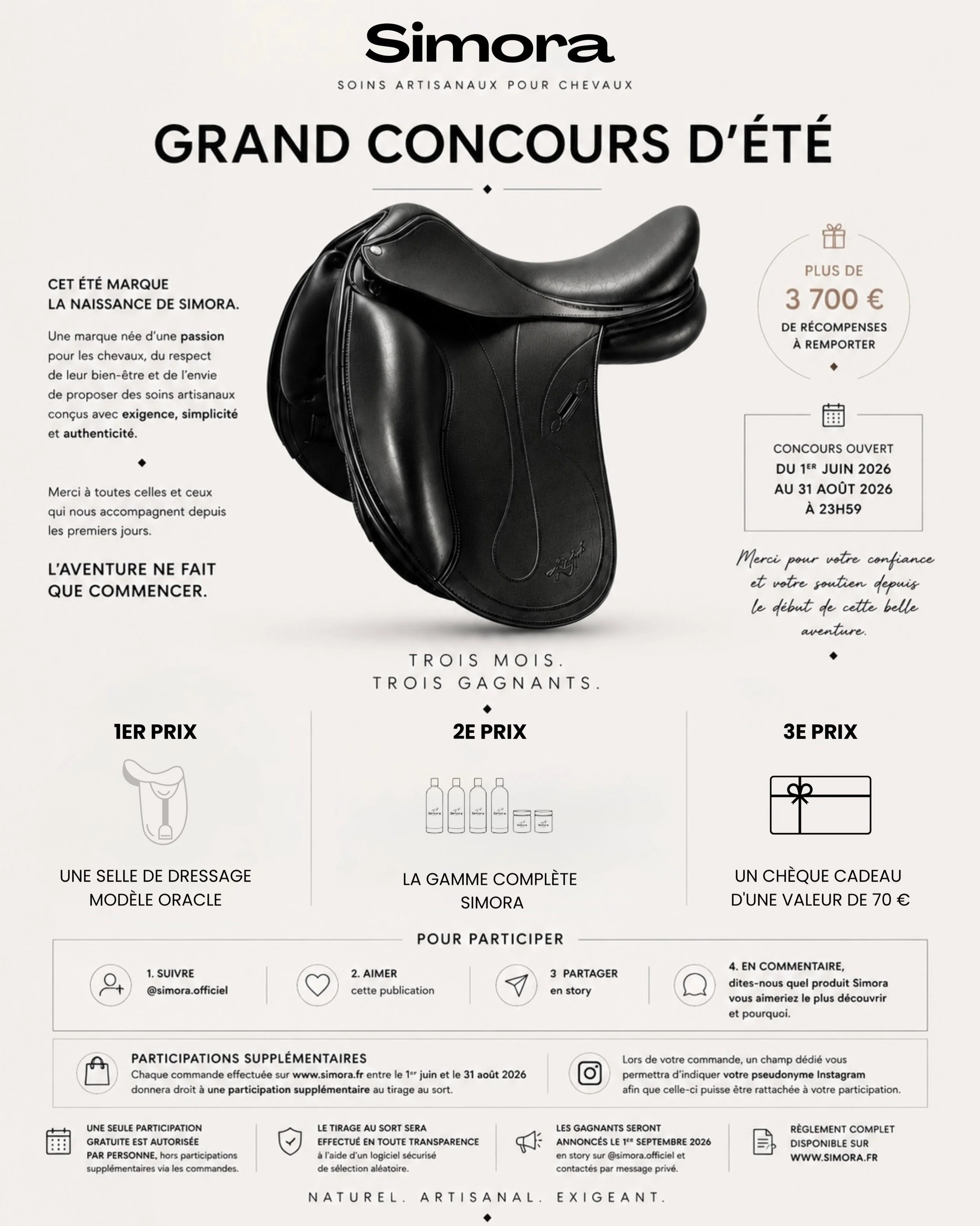 ☀️ LE GRAND CONCOURS D&rsquo;&Eacute;T&Eacute; SIMORA ☀️

Cet &eacute;t&eacute; est un peu particulier.

Il marque la naissance de Simora.

Une marque n&eacute;e d&rsquo;une passion pour les chevaux, du respect de leur bien-&ecirc;tre et de l&rsquo;e
