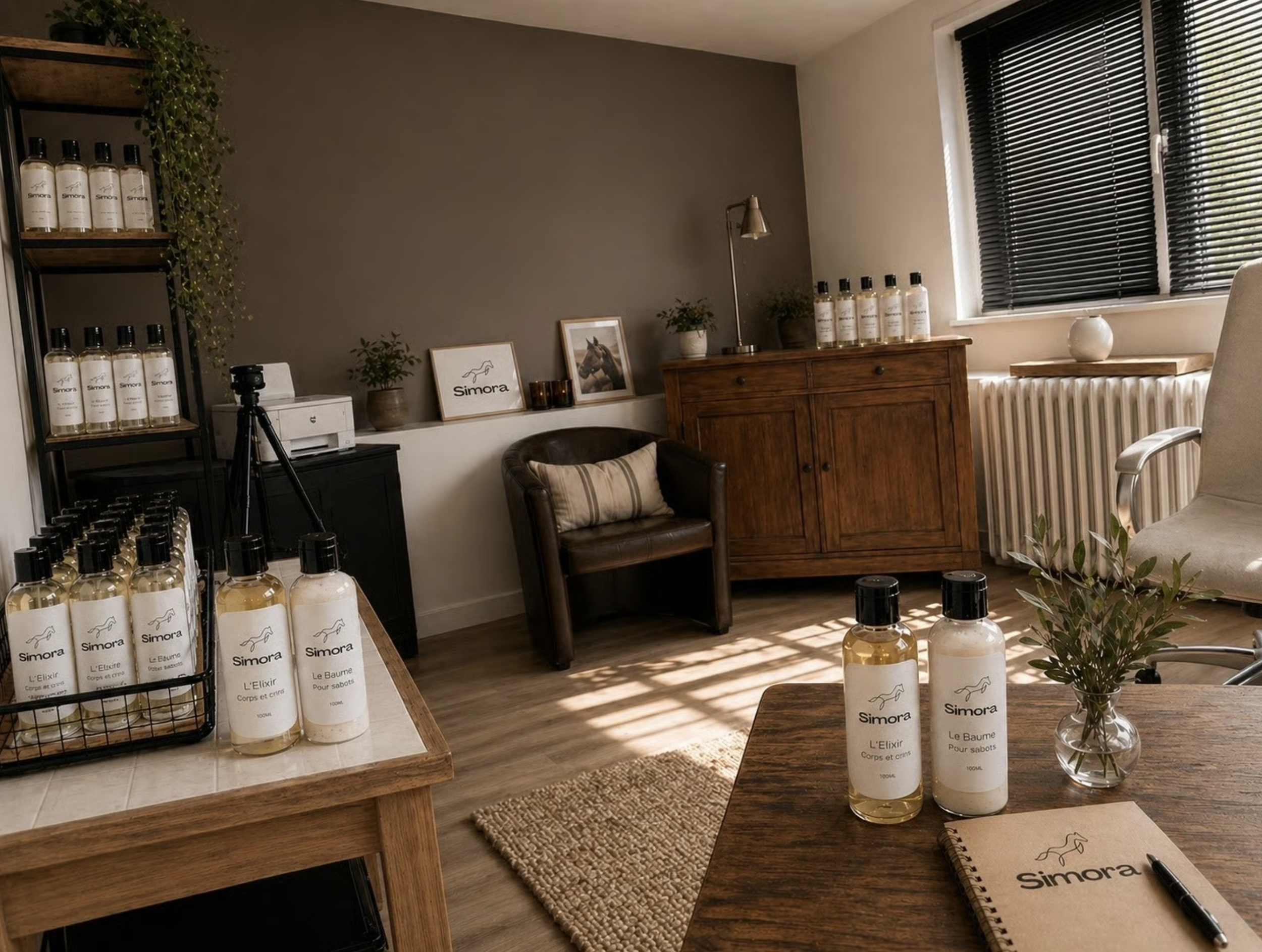 Une pièce de style moderne avec une étagère en métal noir contenant plusieurs bouteilles de produit de soin, un bureau en bois avec des documents et un carnet, un fauteuil en cuir, une commode en bois, des cadres sur une tablette, et une fenêtre avec des volets noirs laissant entrer la lumière. Des plantes d'intérieur décorent l'espace.