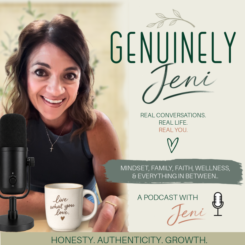 Promotional graphic for the podcast "Genuinely Jeni" featuring a woman with shoulder-length brown hair smiling at the camera, sitting at a table with a microphone, a coffee mug that reads "live what you love," and text promoting topics like mindset, family, faith, wellness, and authenticity.