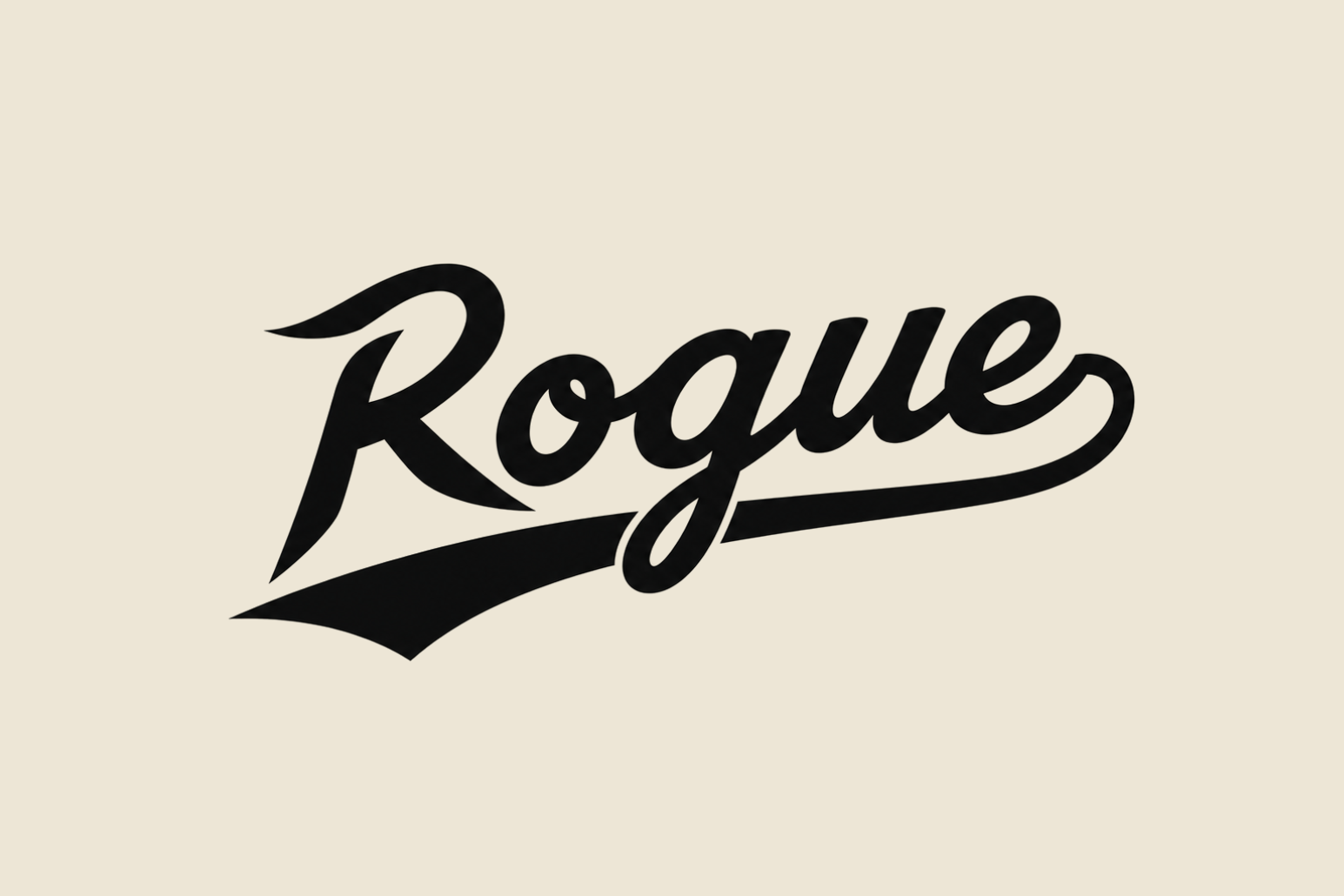 The word 'Rogue' in black, stylized script font on a beige background.