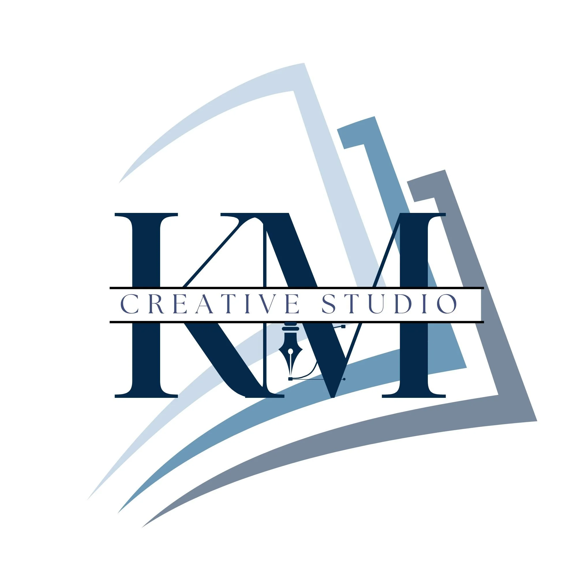 A logo for KM Creative Studio, featuring stylized letters and a pen nib icon.