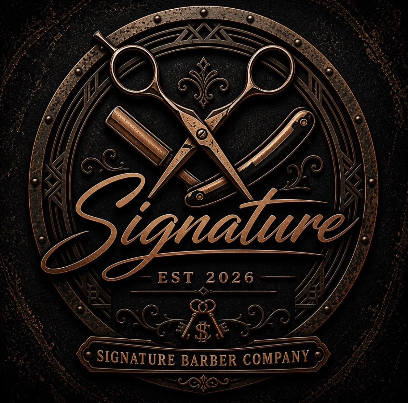 A logo for Signature Barber Company with vintage barber tools and the word 'Signature'. The logo is designed in a bronze and black color scheme and features decorative elements and writing.