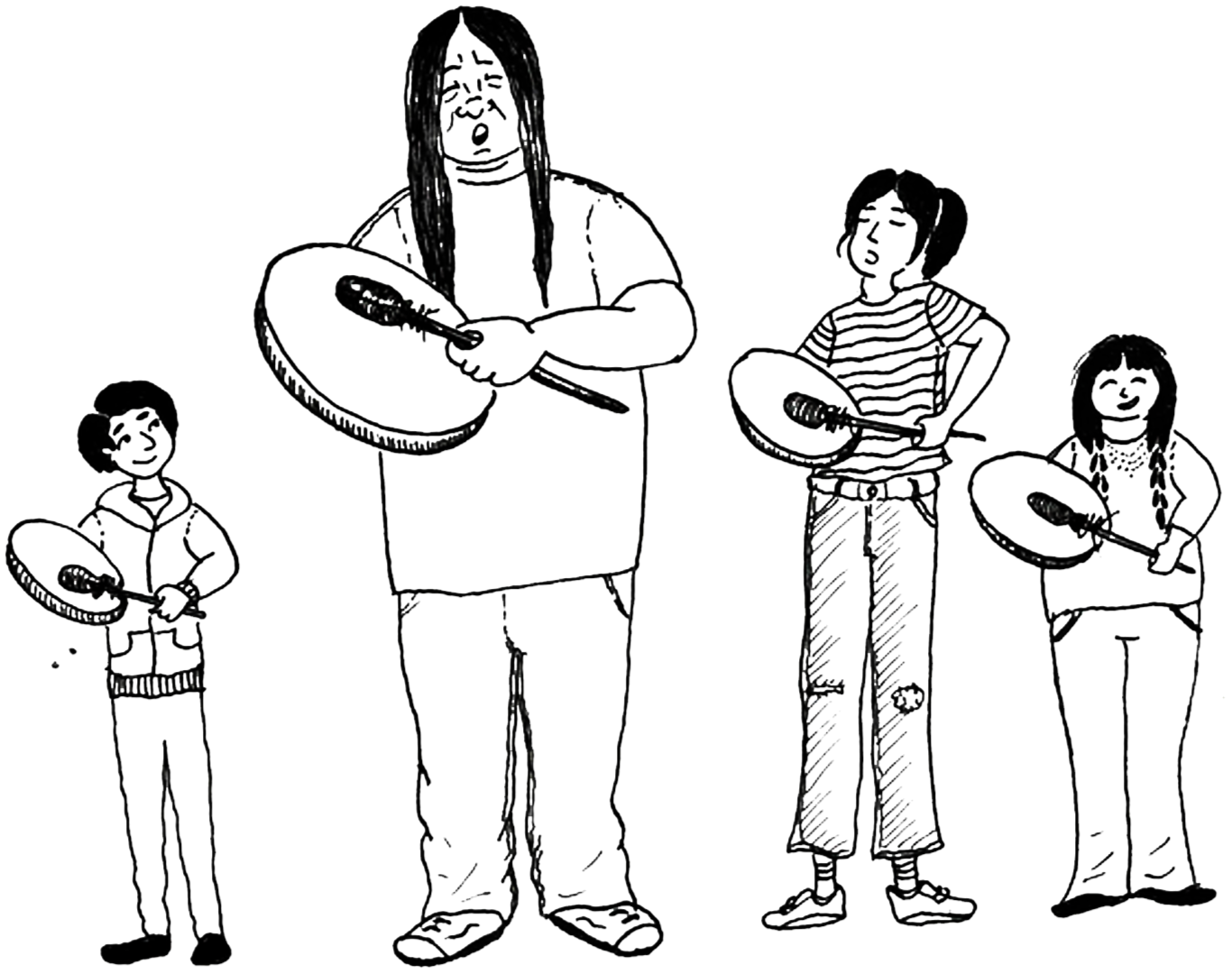Line drawing of a boy wearing a sweatshirt with short hair, a man with long hair, a girl in a striped shirt with ponytail, a girl shorter girl with braids, all playing hand drums