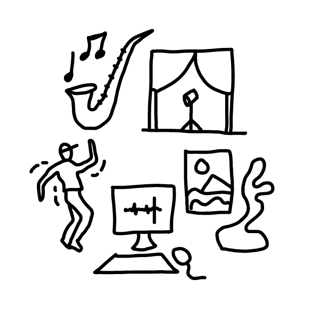 Line drawing of saxophone and music notes, theatrical stage with stage light on it, person dancing in baseball cap, desktop computer with sound wave on it, painting and a sculpture