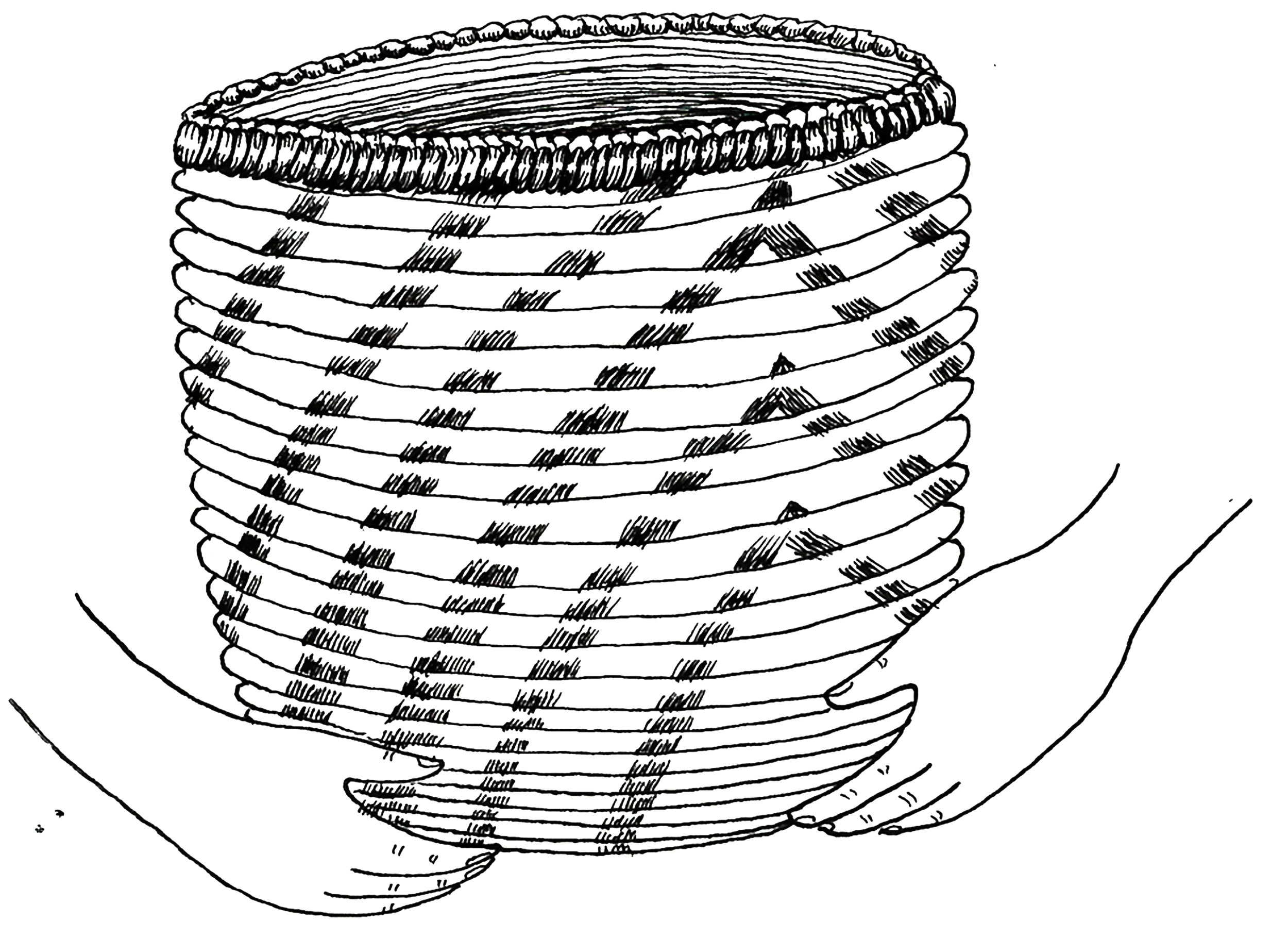 Line drawing of two hands holding a woven basket