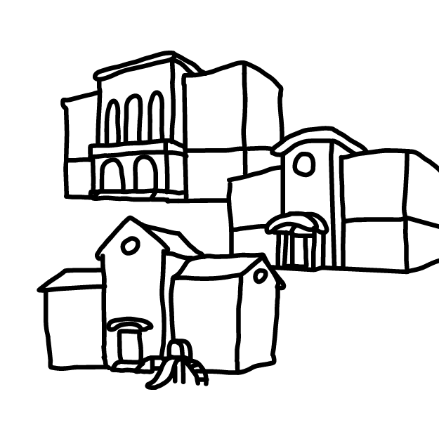 Line drawing of elementary school, middle school and high school buildings