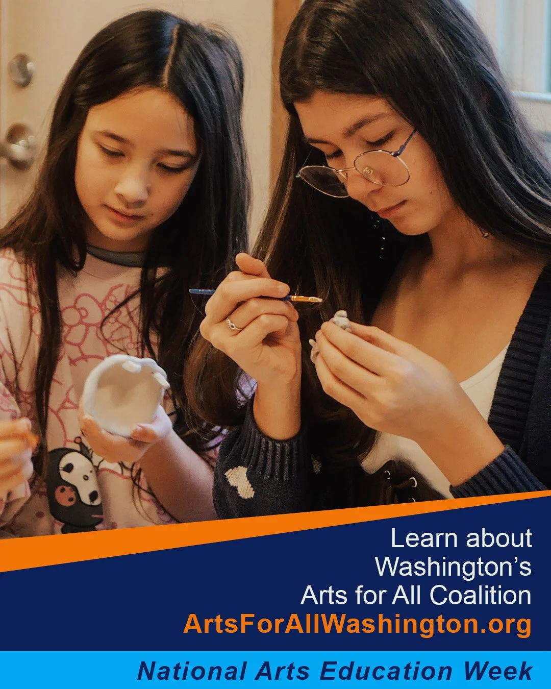 Two youth work closely together on clay. FY25 ArtsWA grantee, Coyote Central, Photo by Anthony Madson. Banner below image: Learn about Washington’s Arts for All Coalition ArtsForAllWashington.org. National Arts Education Week.