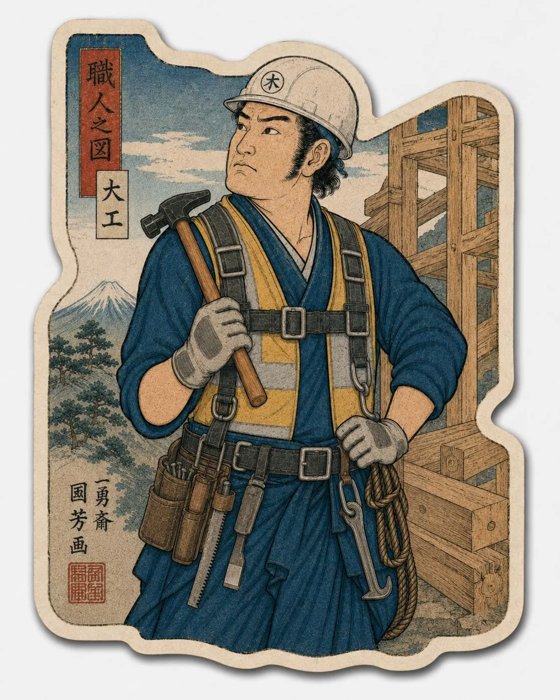 A samurai carpenter sticker I made using Chat GPT in the style of a 19th-century Japanese print. (2026)