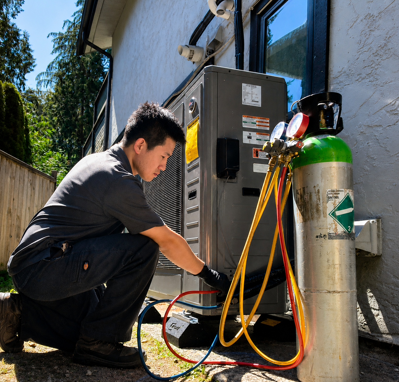 A technician crouches next to a HVAC unit outside a house, working on the system with connected hoses and gauges, with an air conditioning refrigerant tank nearby.