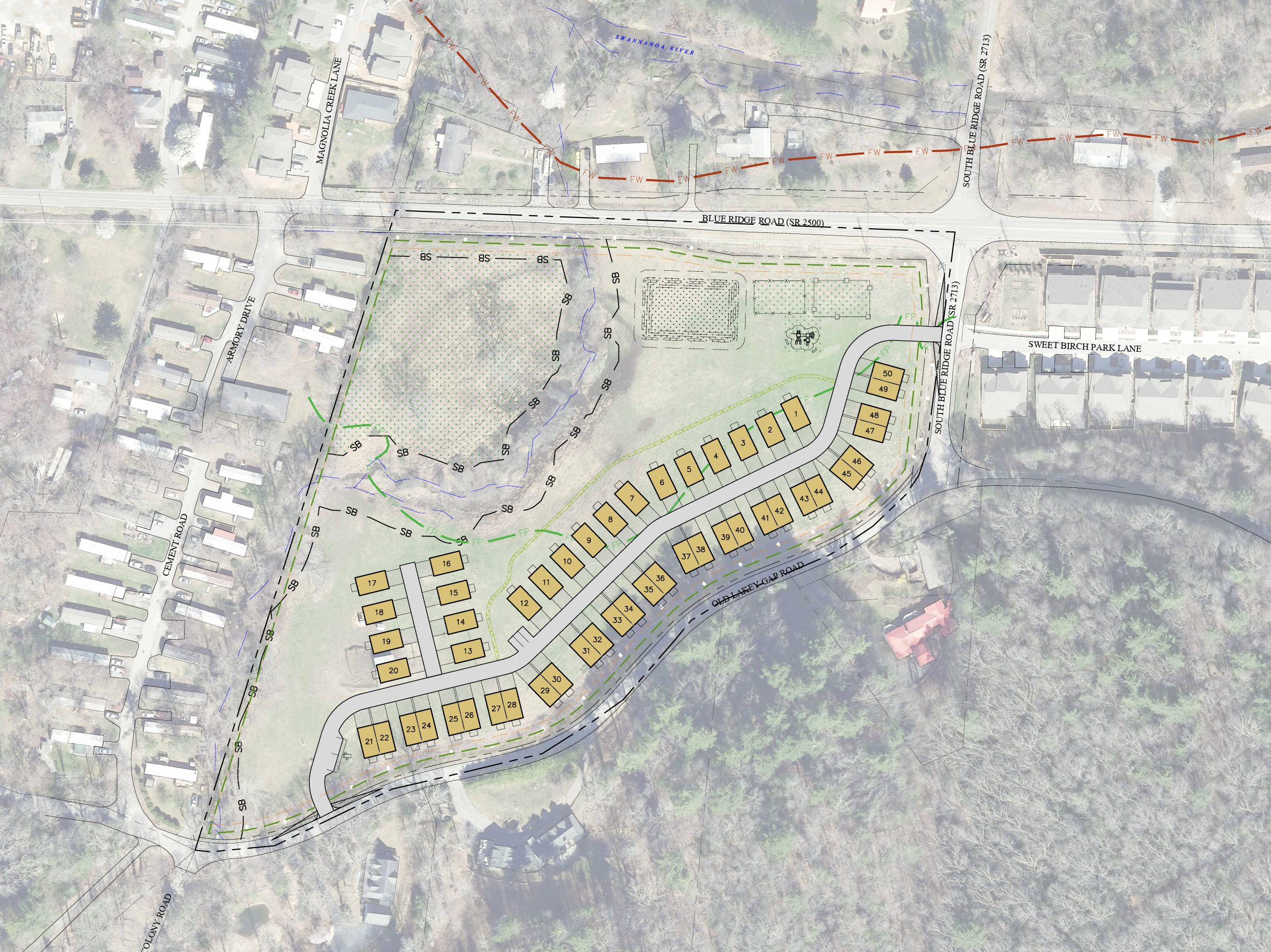 Aerial view of a neighborhood with a blueprint overlay showing a park layout, roads, residential houses, and landscape features.
