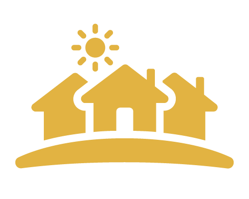 Golden silhouette of three houses on a curved hill with a sun shining above.