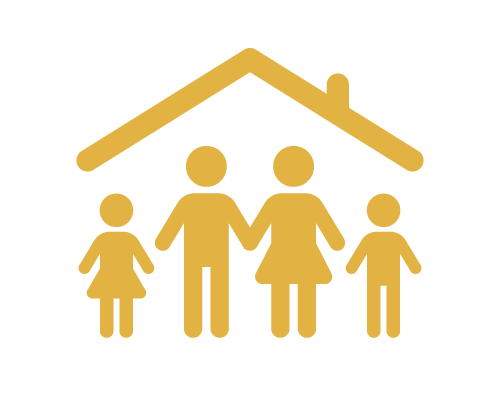 Gold icon of a family (two children and two adults) under a house roof.
