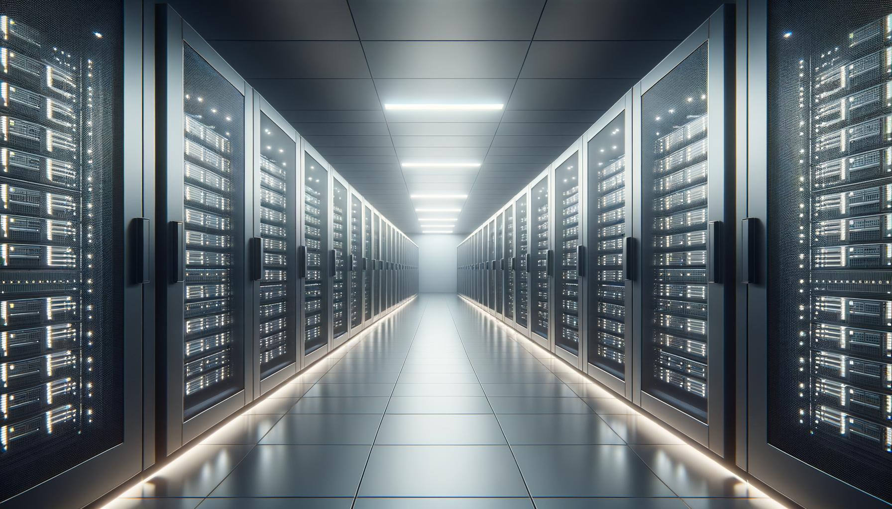 Long aisle in a modern data center with server racks on both sides, illuminated with LED lights.