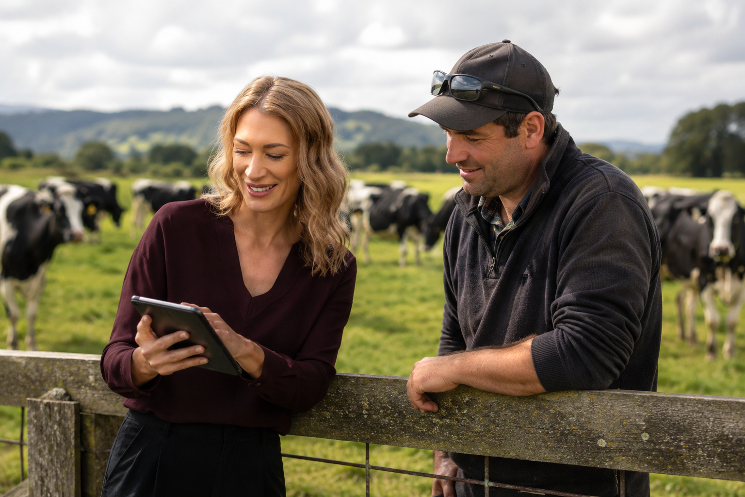 A woman and a man look at a tablet together outdoors in a green field with cows grazing behind them.