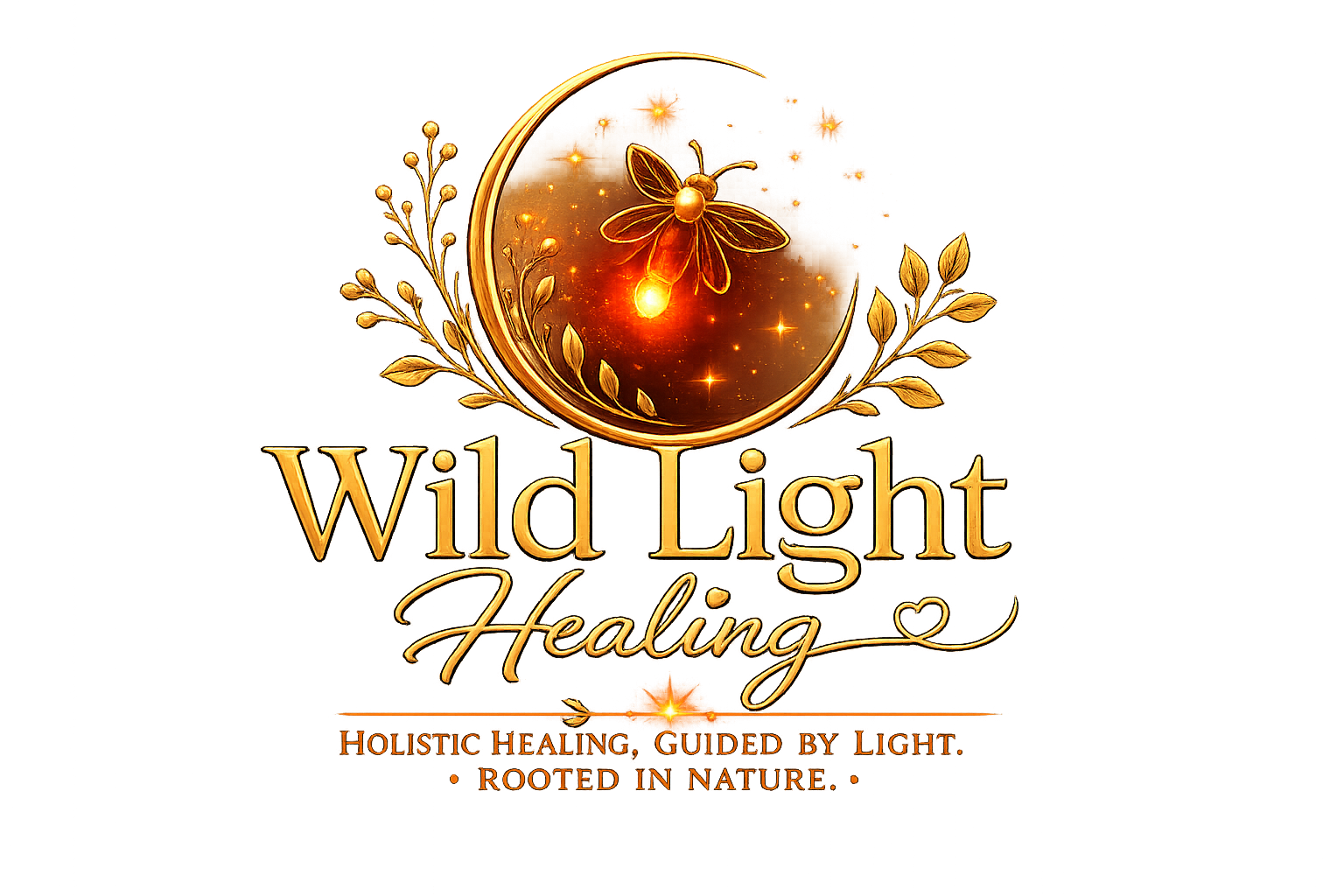 Logo for Wild Light Healing featuring a glowing firefly and a crescent moon with golden leaves and stars, with the words 'Wild Light Healing' and the tagline 'Holistic healing, guided by light, rooted in nature'.